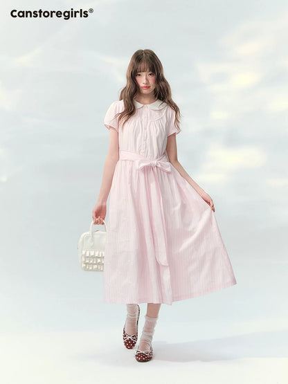 “Pink Mist Soufflé” Blush Pink Embroidered Doll Collar Dress