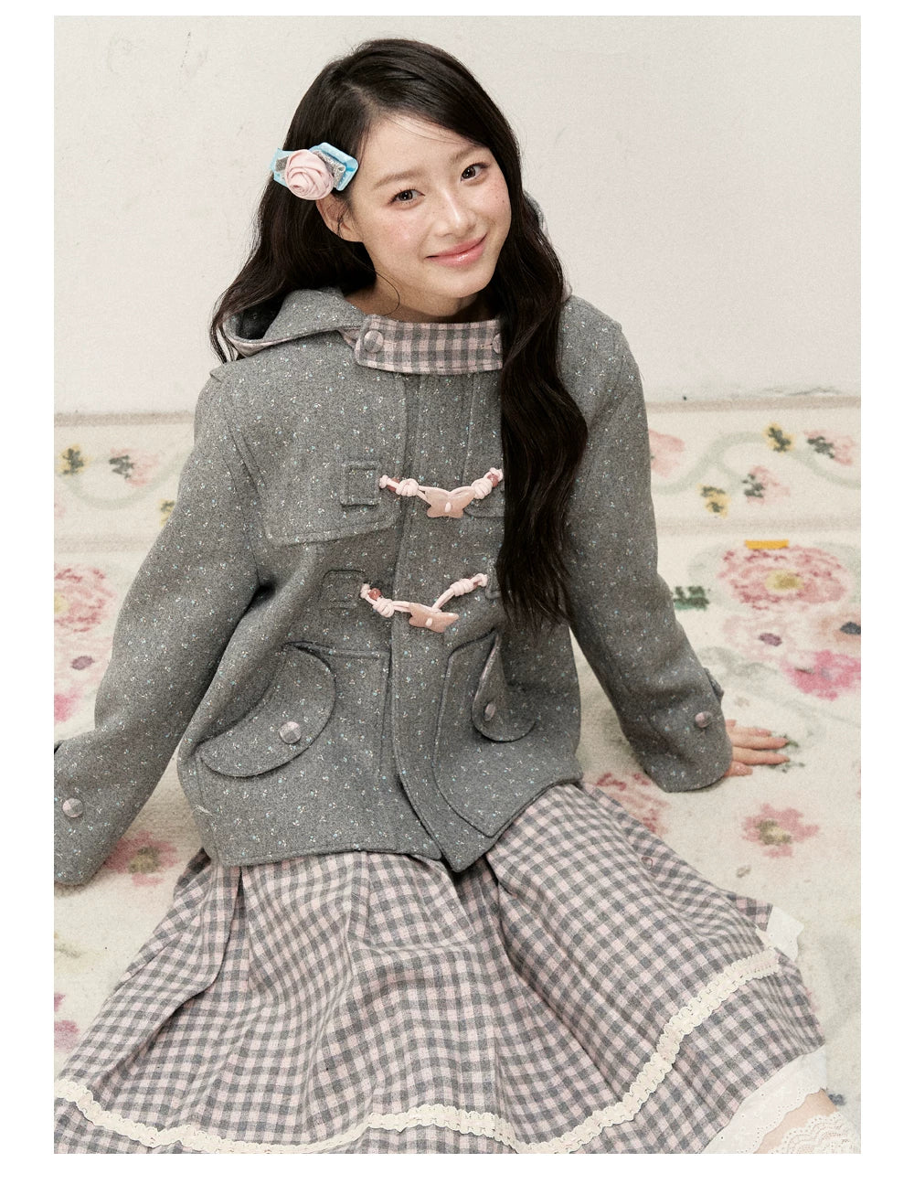 [RF] Floral Heather Gray Pink Plaid-Trim Hooded Duffle Coat