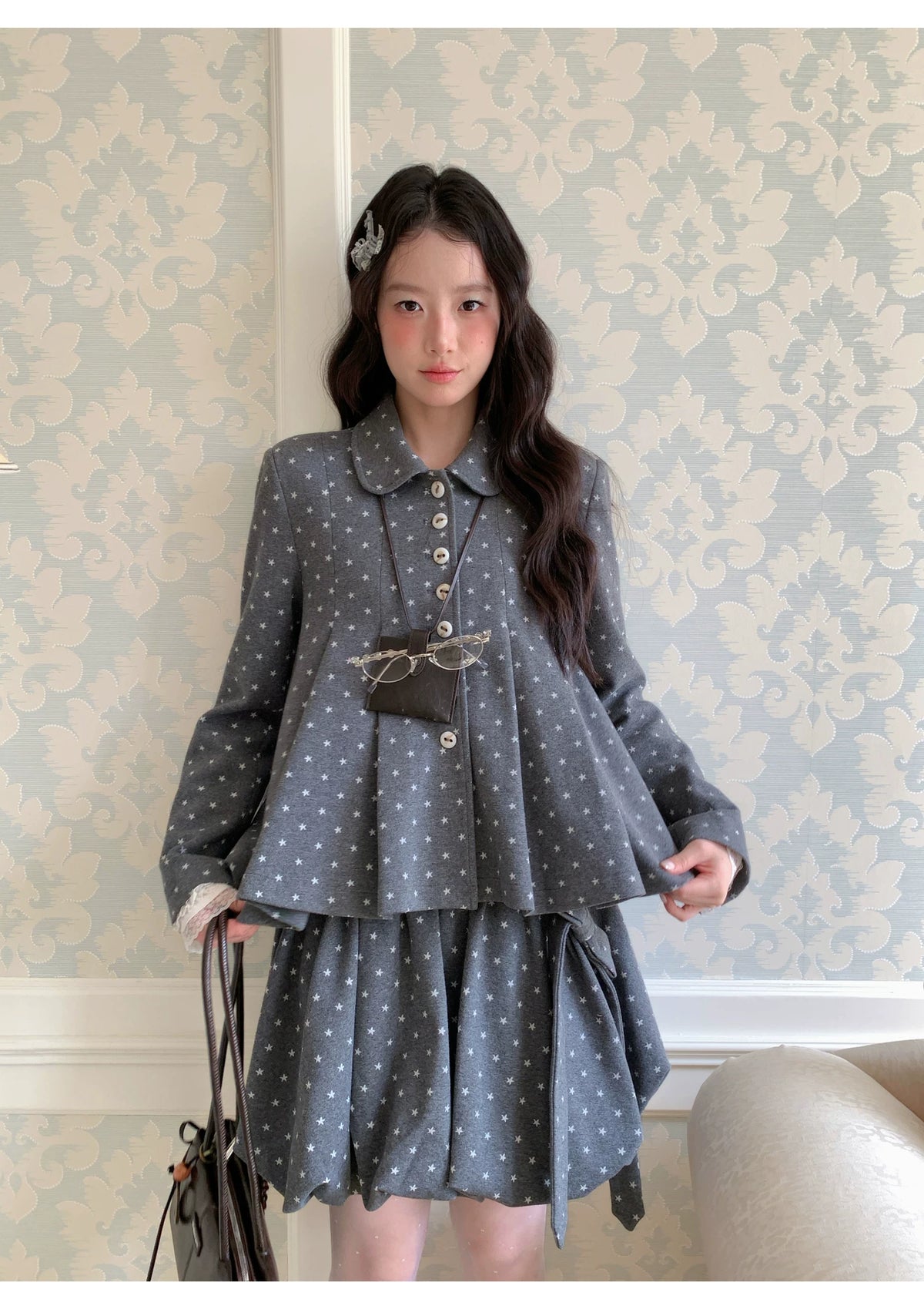 [[RF] “Starlit Twilight” Gray Star Print Bubble A-Line Mini Skirt