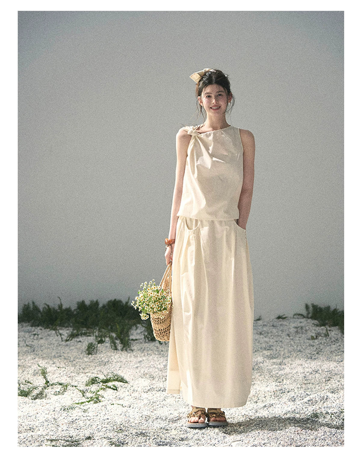 “Ivory Pleated Verse” Soft White Asymmetrical Twist Top & Skirt