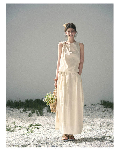 “Ivory Pleated Verse” Soft White Asymmetrical Twist Top & Skirt