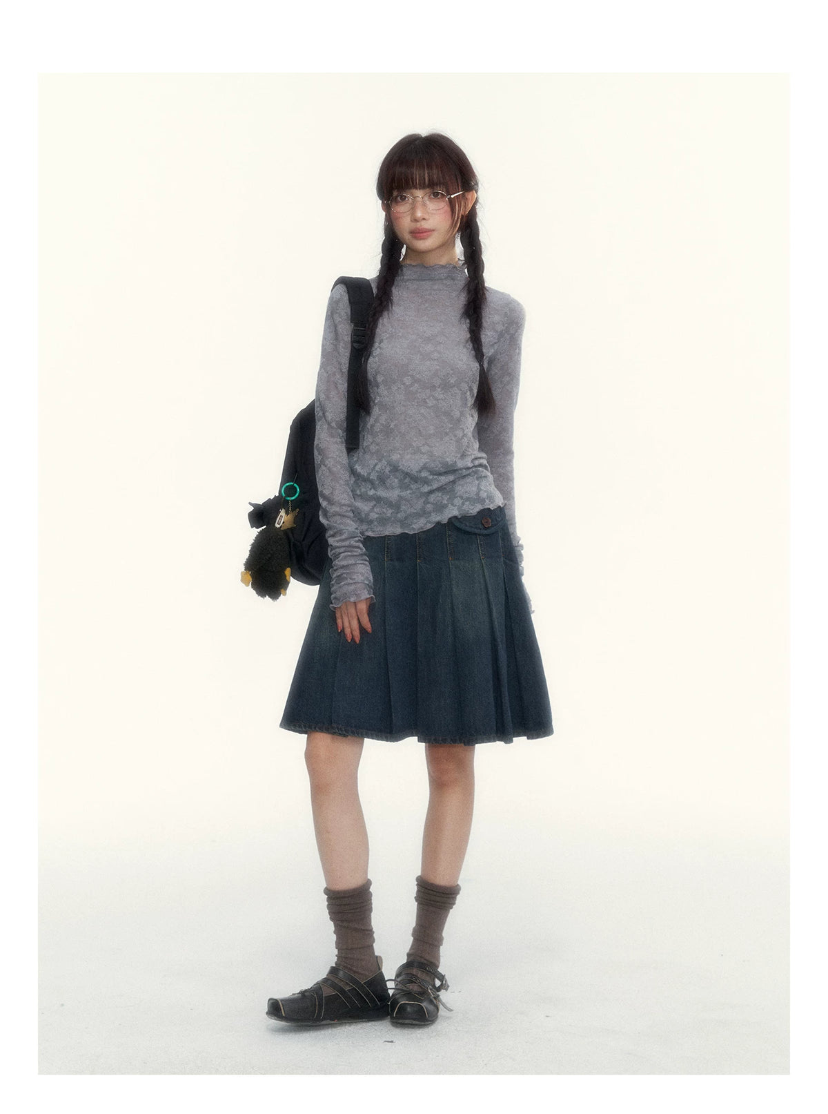 “Everyday Mist” Jacquard Lace Layering Top ( Ivory / Fog Gray )