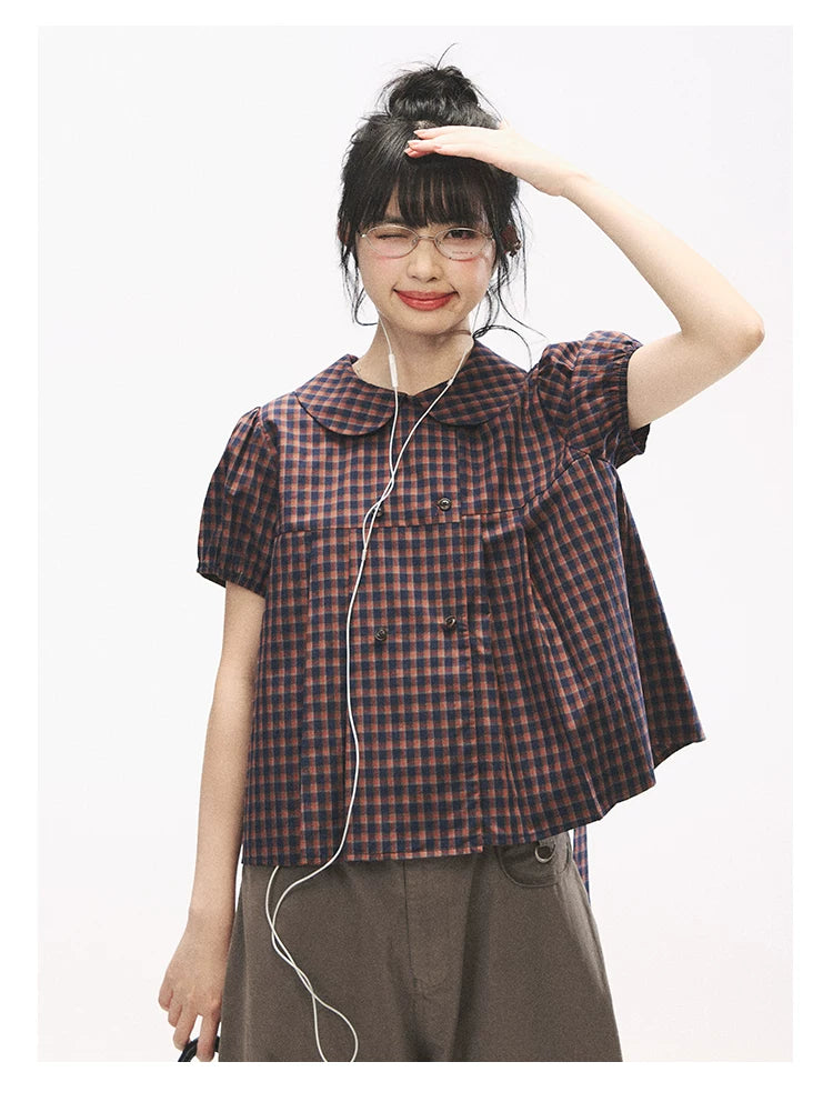 "Retro Plaid Sweetheart" Navy Orange Check Cotton Peter Pan Collar Blouse