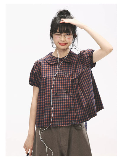 "Retro Plaid Sweetheart" Navy Orange Check Cotton Peter Pan Collar Blouse