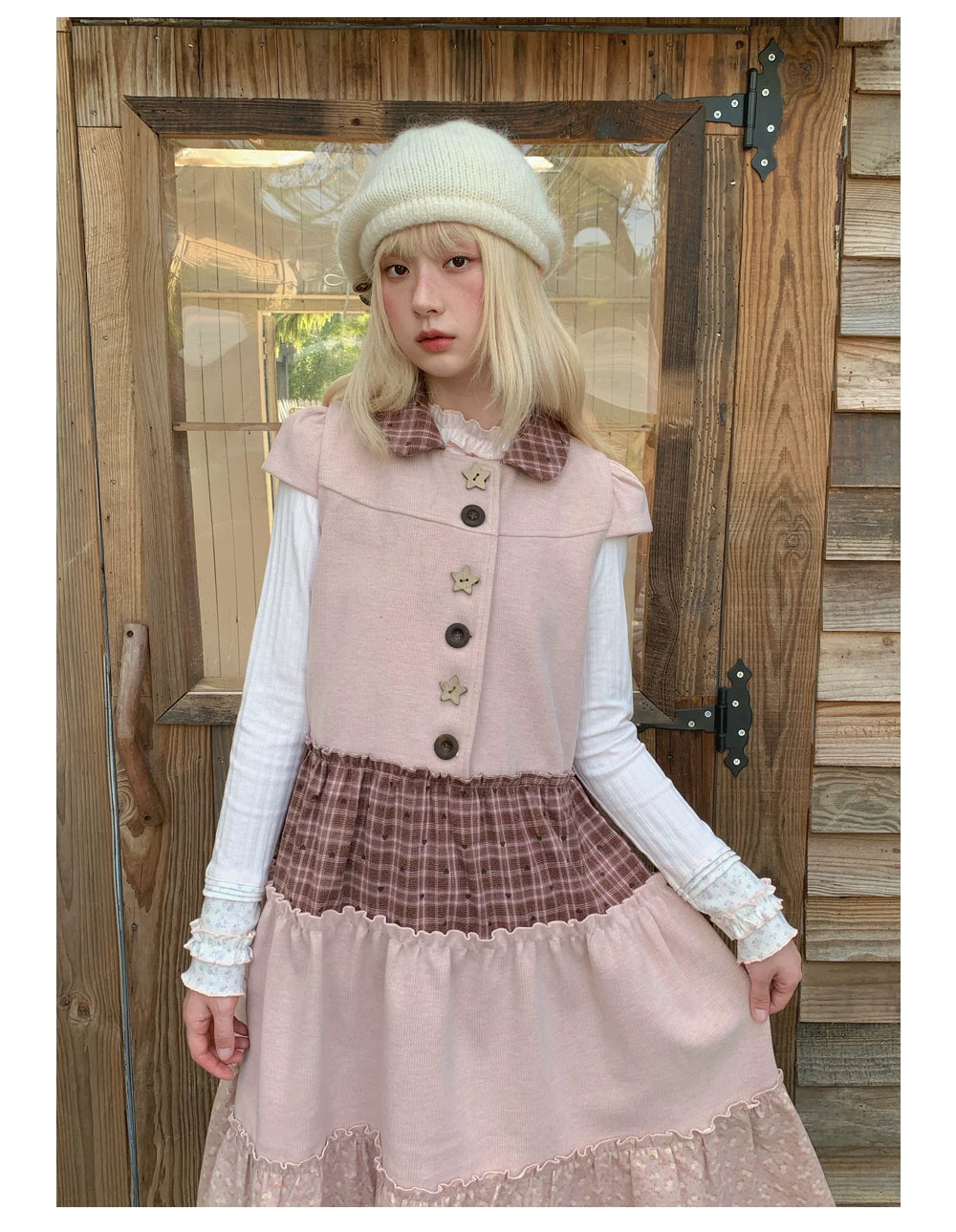 RF - Dusty Pink Patchwork Sleeveless A-Line Dress with Star Buttons