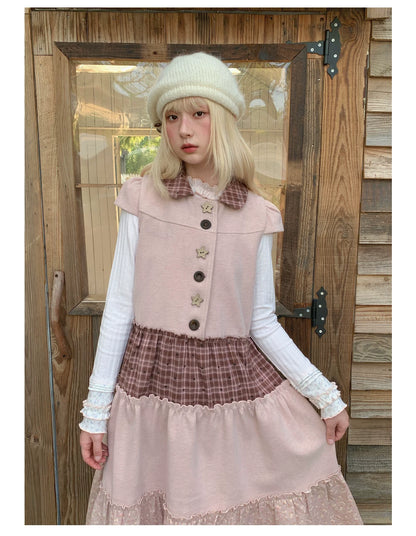 RF - Dusty Pink Patchwork Sleeveless A-Line Dress with Star Buttons