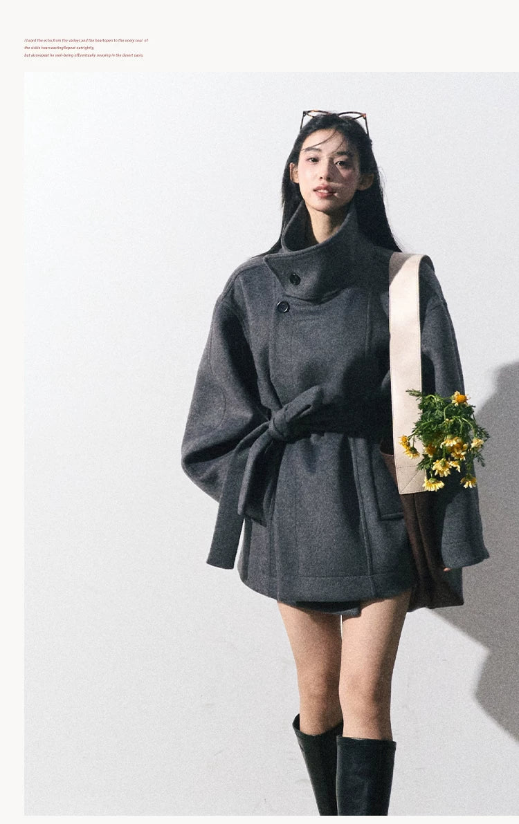 OAKMOO/ "The Breath of Time" Classic Gray Wool-Blend Belted Short Coat