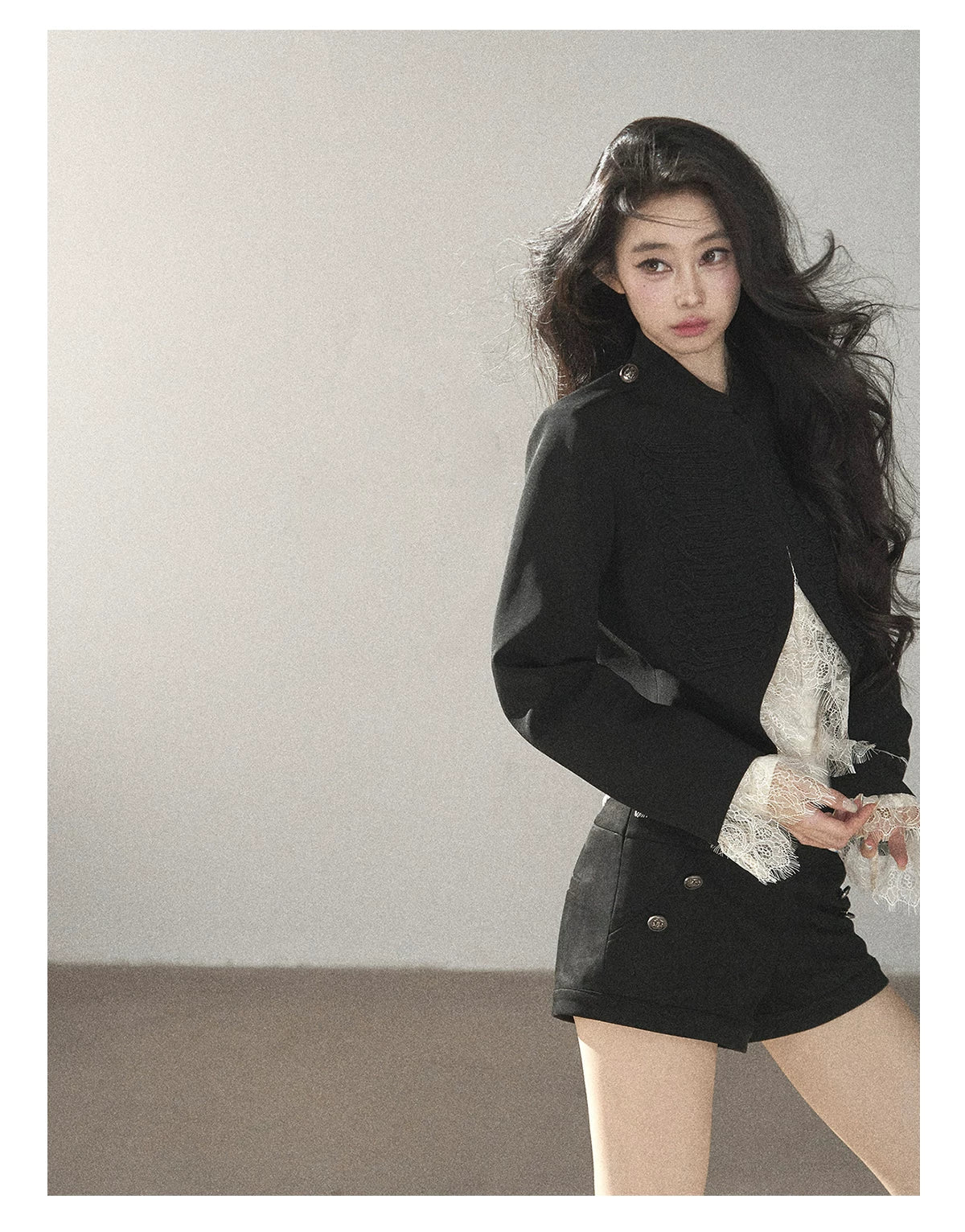 AOMALM - Black Lace Trim Cropped Jacket & Shorts Set