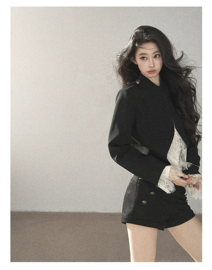 AOMALM - Black Lace Trim Cropped Jacket & Shorts Set