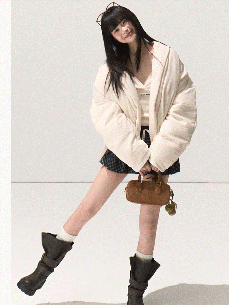 OAKMOO/ Beige 90% White Duck Down Cropped Puffer Jacket