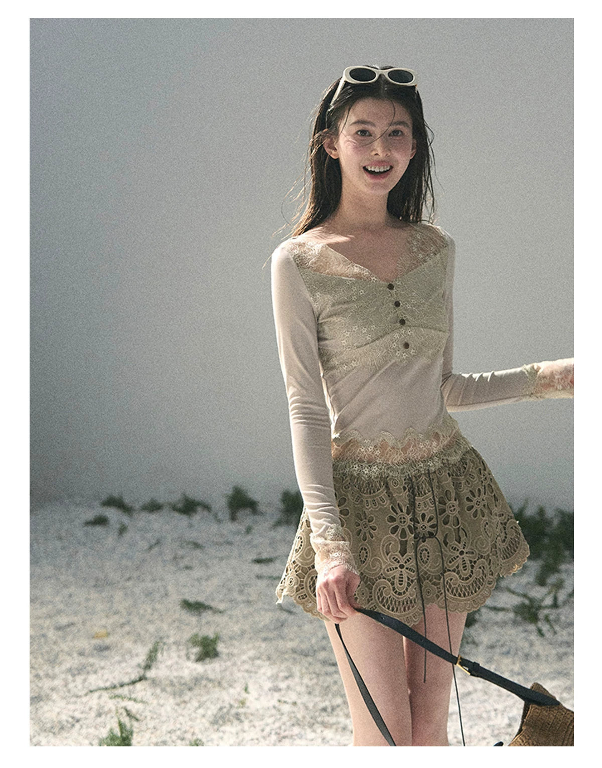 “Traces Left by the Wind” Ash Ivory Lace V-Neck Top