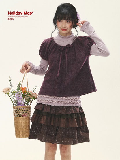 "Violet Journal" Grape Purple Bow Lace Short Sleeve Knit Top