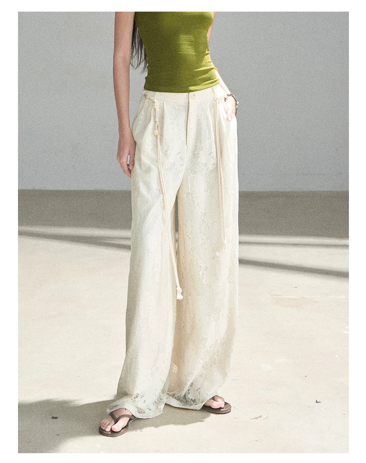 "A Love Letter to Sunlight" Dutch Cream Lace Wide-Leg Pants (With Matching Waist Rope)