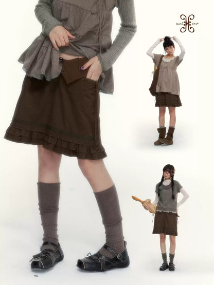 “Wild Caramel” Brown Washed Layered Ruffle Bow Pocket A-Line Skirt