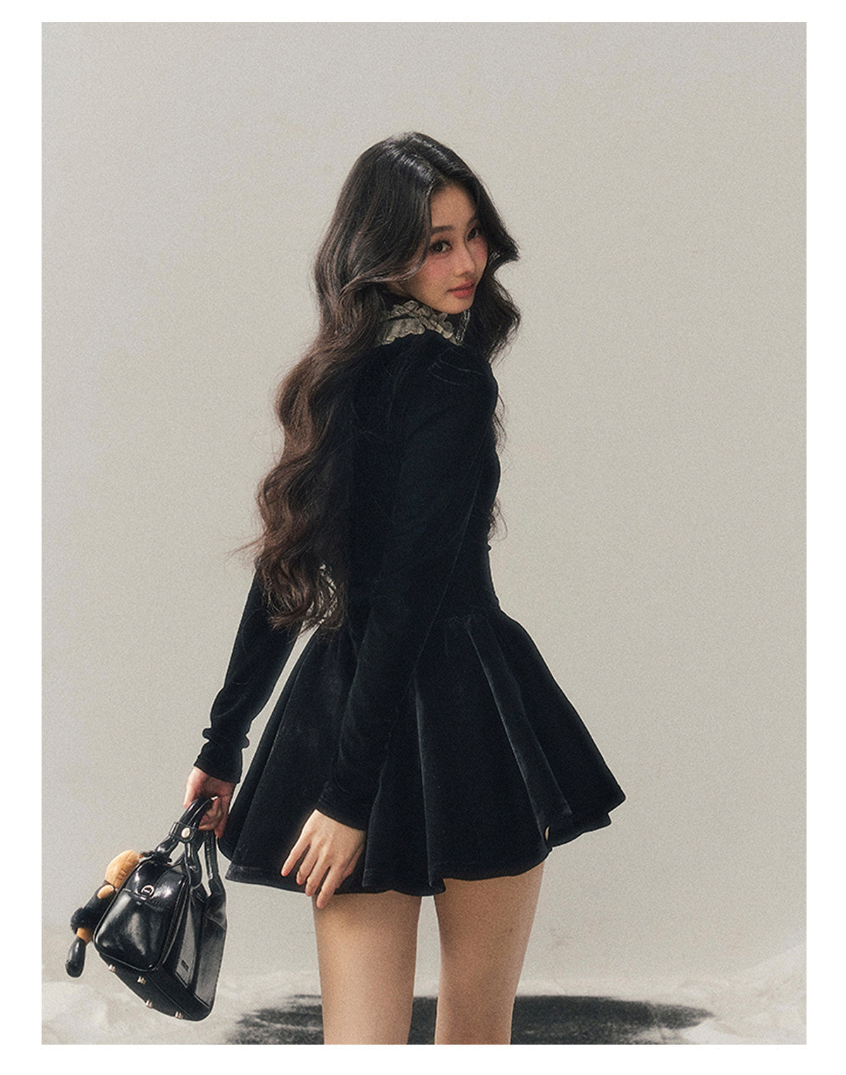 040126 "The Bladette Heiress" French Lace-Trim Velvet Mini Dress