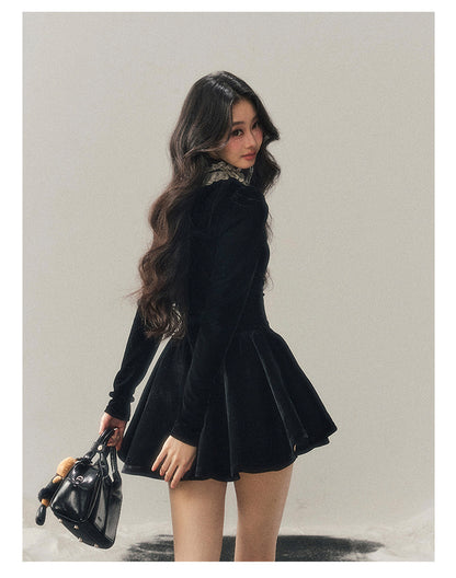 040126 "The Bladette Heiress" French Lace-Trim Velvet Mini Dress