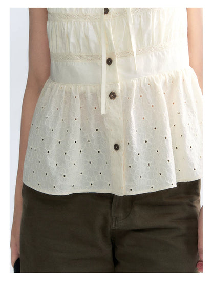 "Vintage Ribbon" Beige Bow Tie Lace Trim Blouse