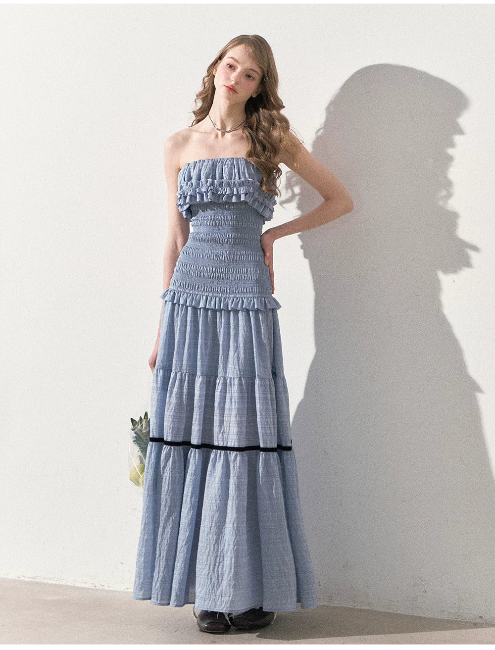 "Twilight Verses" Misty Blue Smocked Ruffle Maxi Dress