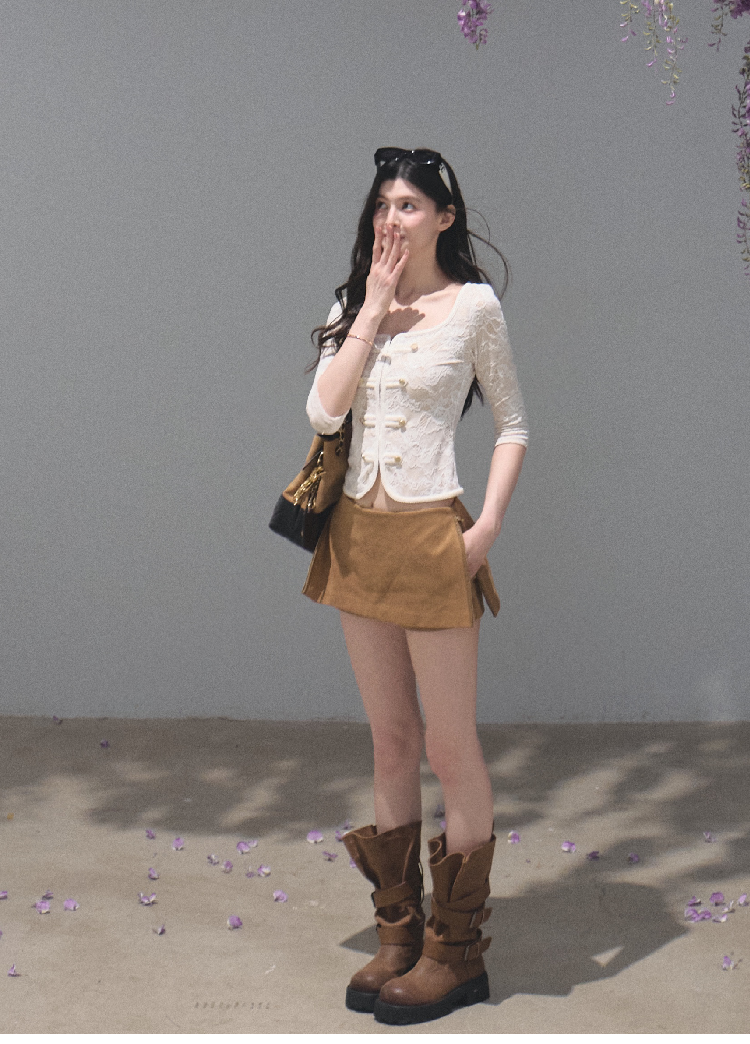 OAKMOO/ Distressed Slouchy Mid-Calf Combat Boots with Layered Straps