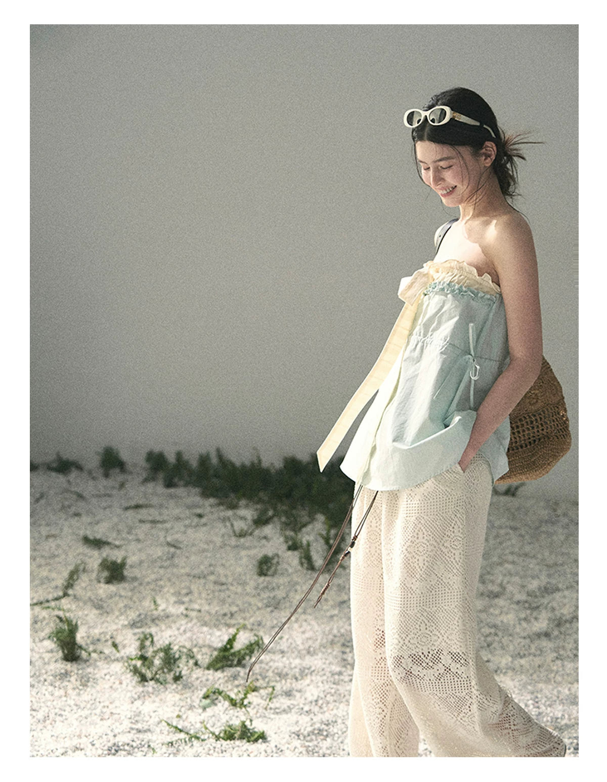 “Blue Whispers on Ivory” Mint Ruffle Bustier Top