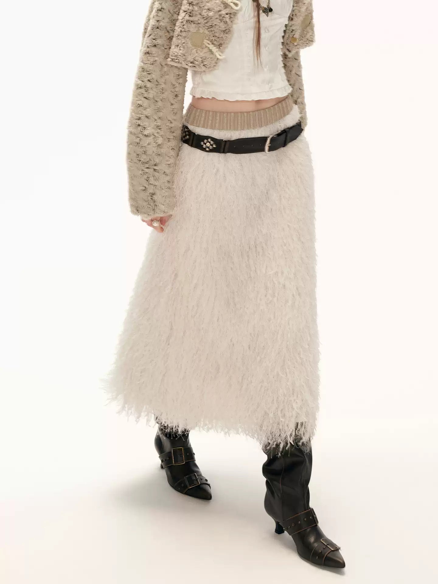 MAMC - Beige 3D Feathered Midi Skirt WE851