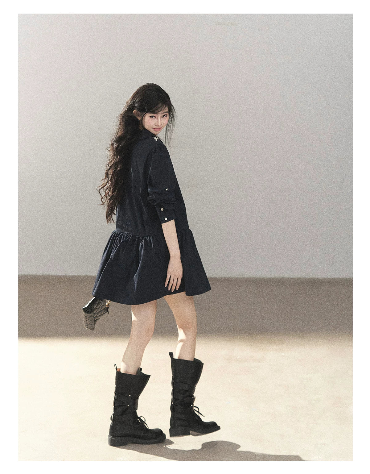 AOMALM - Navy French-Inspired Lace Shirt Mini Dress with Convertible Sleeves