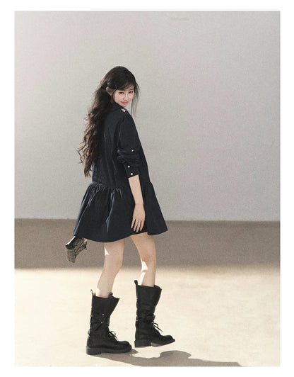 AOMALM - Navy French-Inspired Lace Shirt Mini Dress with Convertible Sleeves