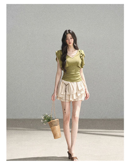 "Where Clouds Fall" Ruffle Sleeve V-Neck Crop Top (Forest Green/ Sage Gray/ Misty Blue/ Cinnamon Pink)