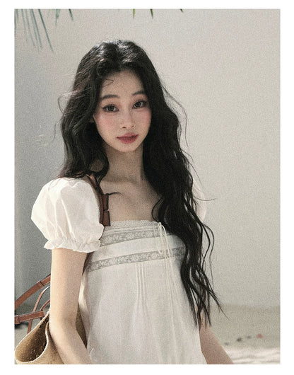 "Light as a Cloud" Frost White Puff Sleeve Lace Babydoll Mini Dress