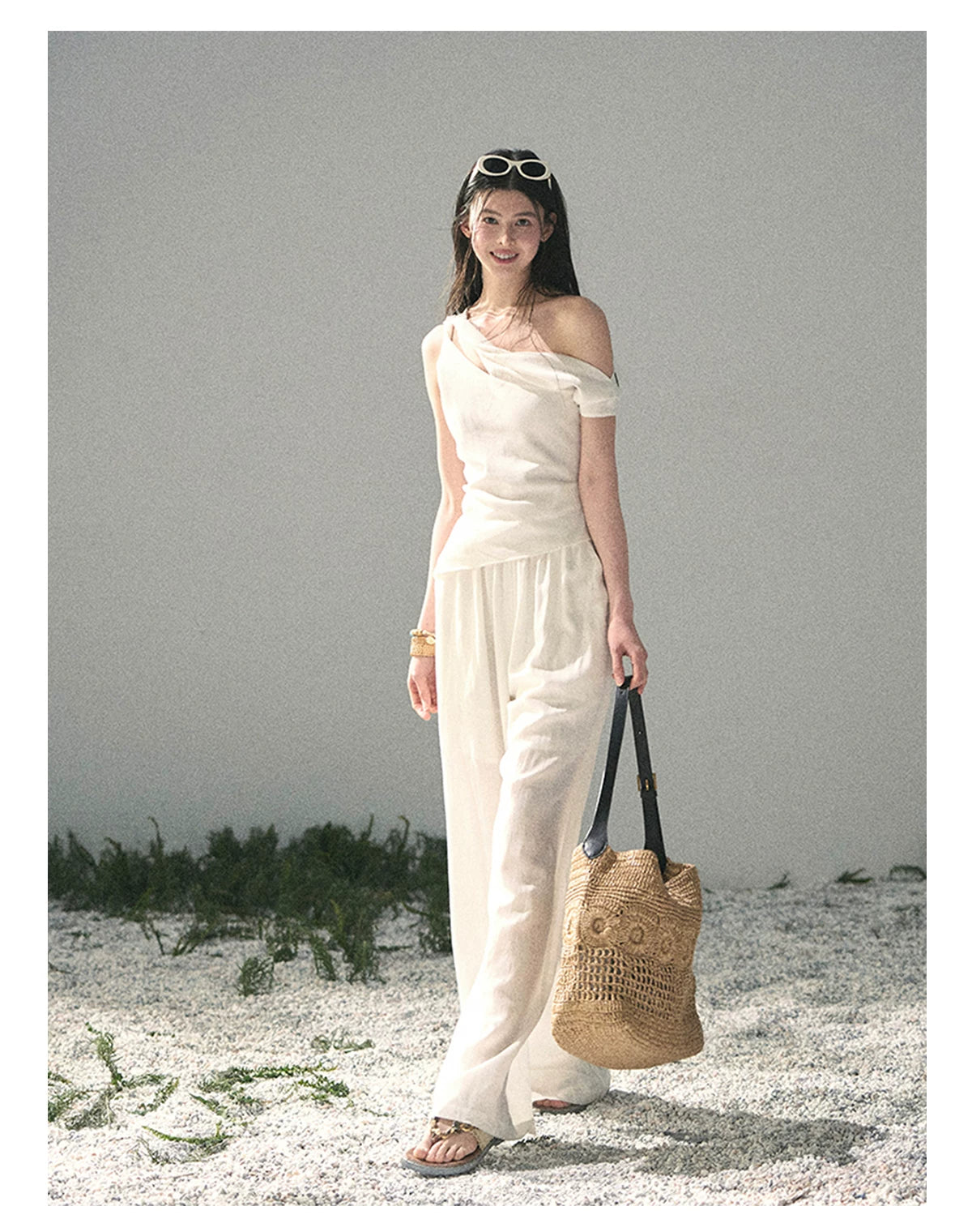 “Cloud Threads Falling at the Shoulder” Ivory Linen-Blend Two-Piece Set
