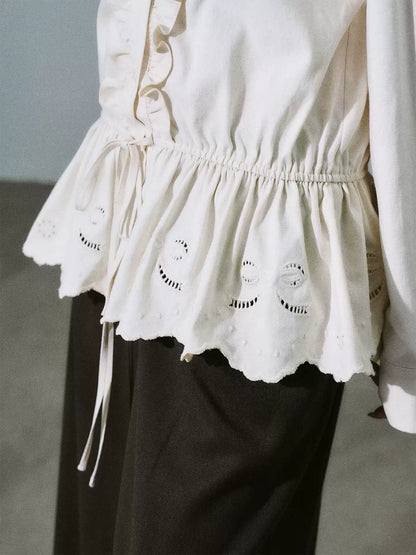 LOST FOREST - Natural Lyocell Cotton Laser-Embroidered Ruffle Shirt