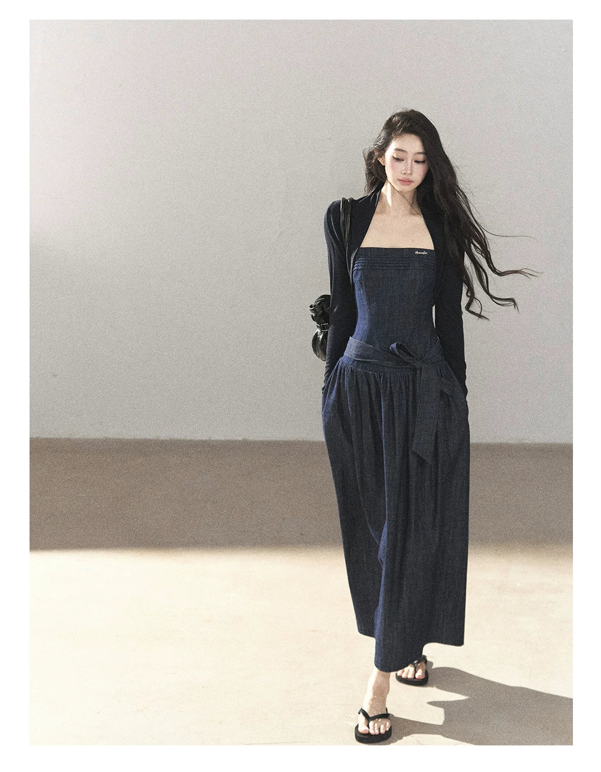 AOMALM - Navy Denim Long Dress with Matching Cardigan & Side Slit