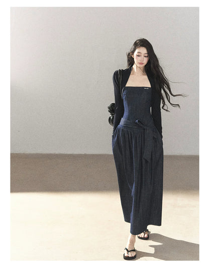 AOMALM - Navy Denim Long Dress with Matching Cardigan & Side Slit