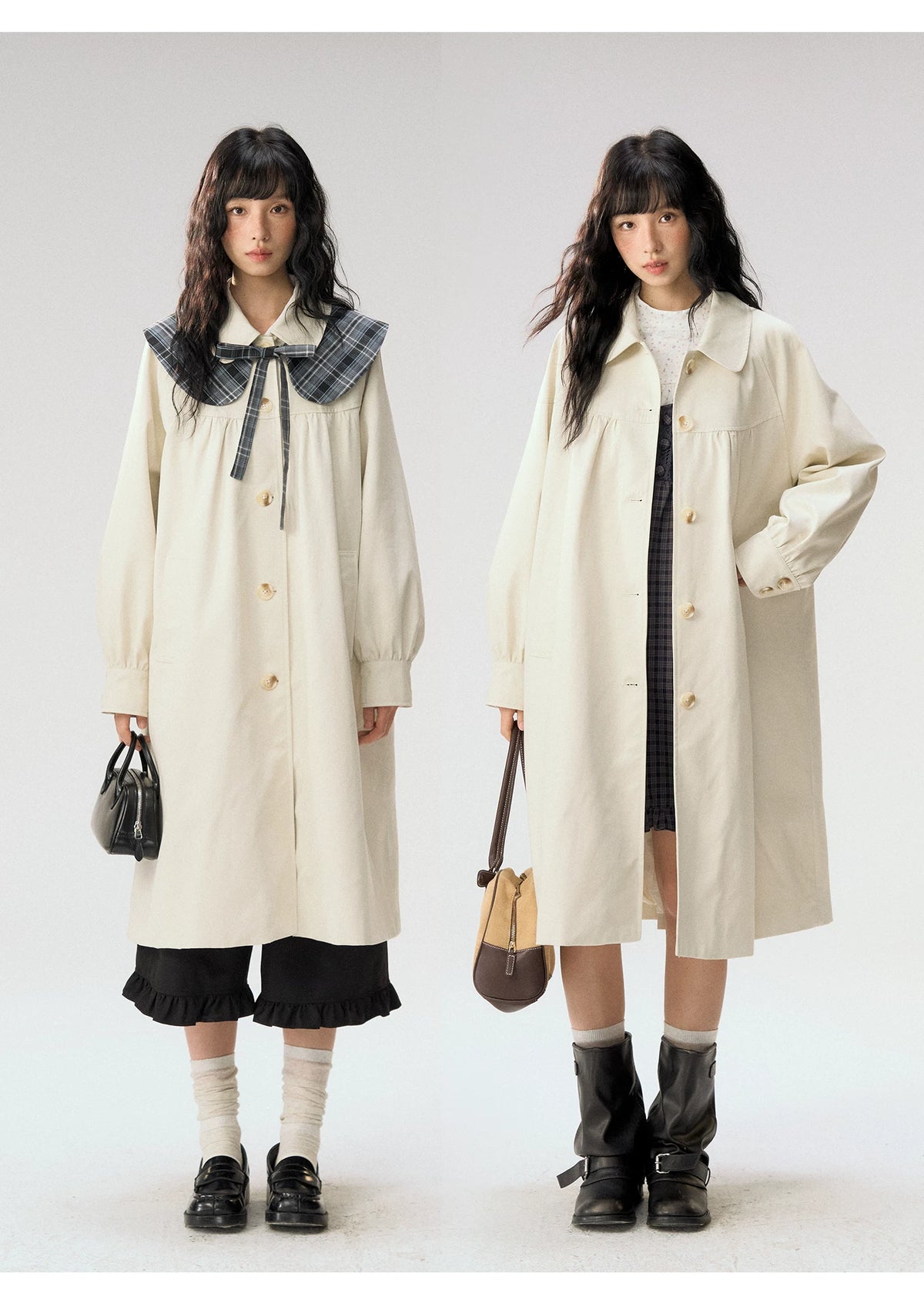 [CAN] “Oat Check Collar” Apricot Bow Cape Collar Trench Coat