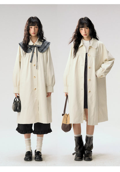 [CAN] “Oat Check Collar” Apricot Bow Cape Collar Trench Coat