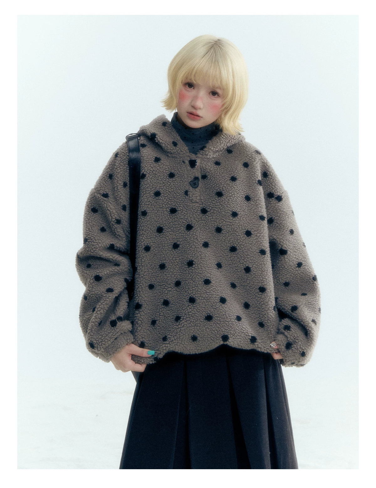 Horridale - Dark Gray Polka Dot Mock Neck Layering Top with Ruffle Hem