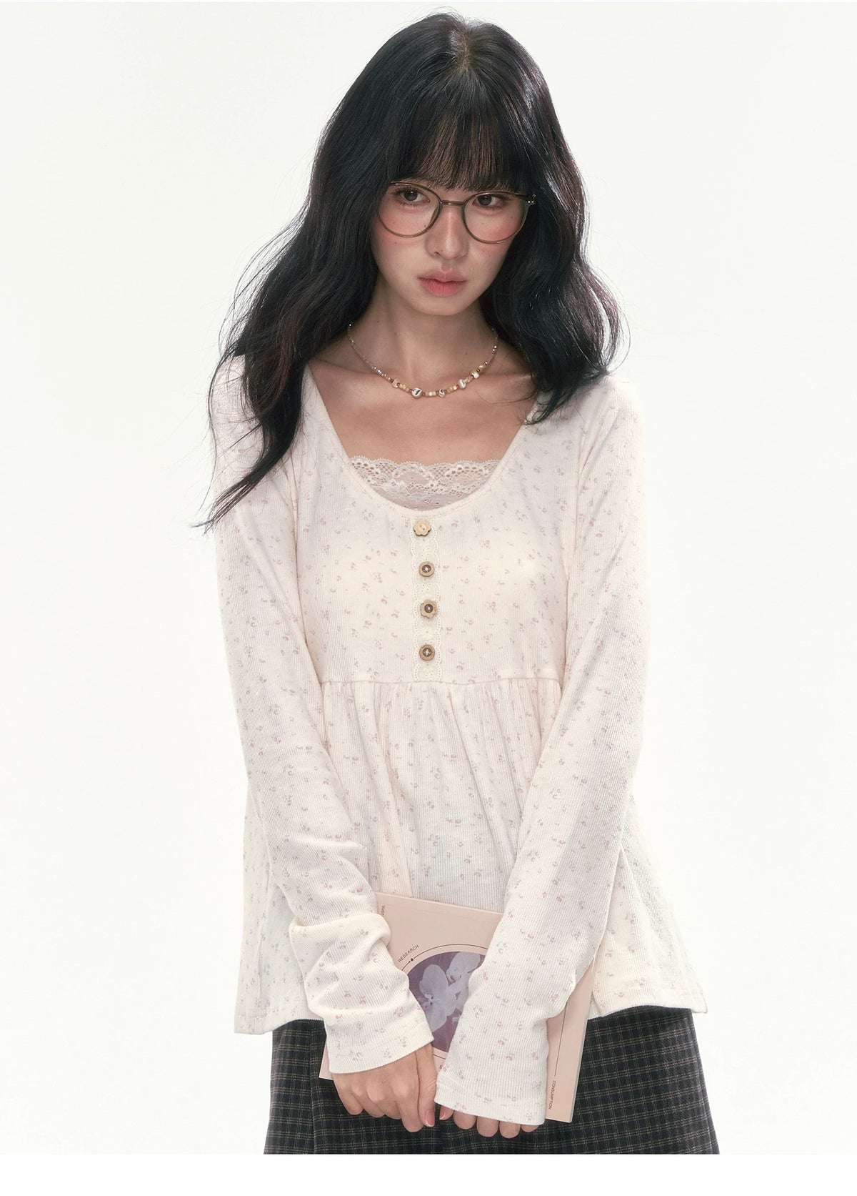 CAN - "A Meadow of Dreams" Apricot Beige Floral Lace-Trim Ruched Top