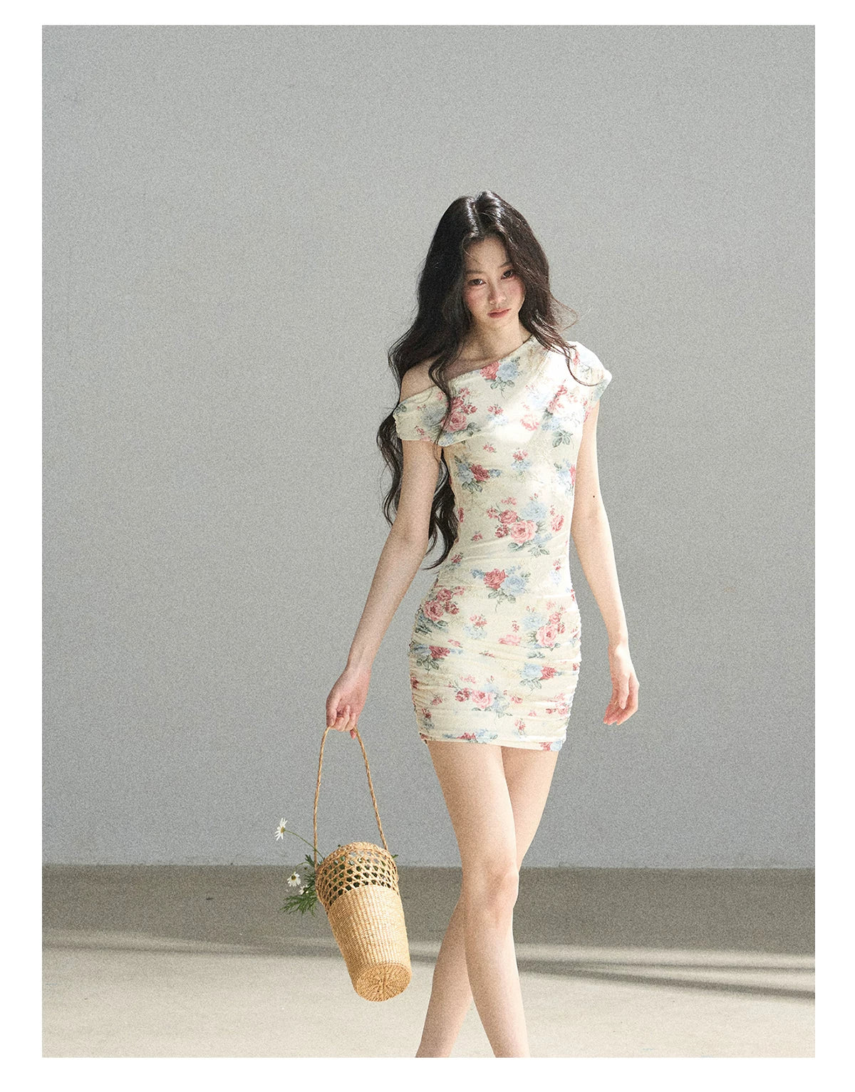 "Flowers & Sunlight" Dutch Cream Off-Shoulder Mesh Bodycon Mini Dress