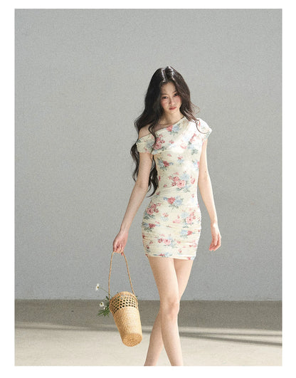 "Flowers & Sunlight" Dutch Cream Off-Shoulder Mesh Bodycon Mini Dress
