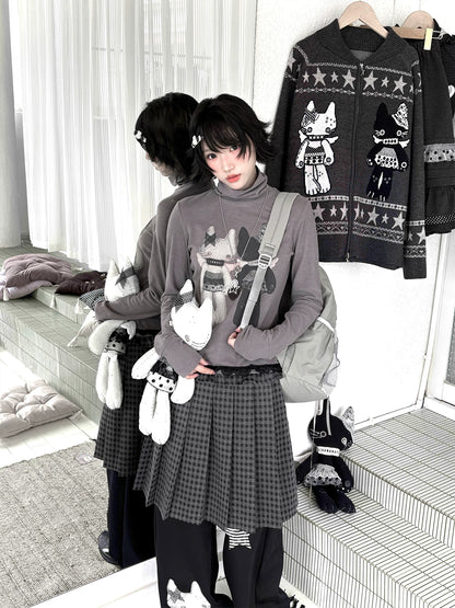 "Forgotten Corner" Mock Neck Gray Base Layer Top & Black Gray Plaid Skirt Set