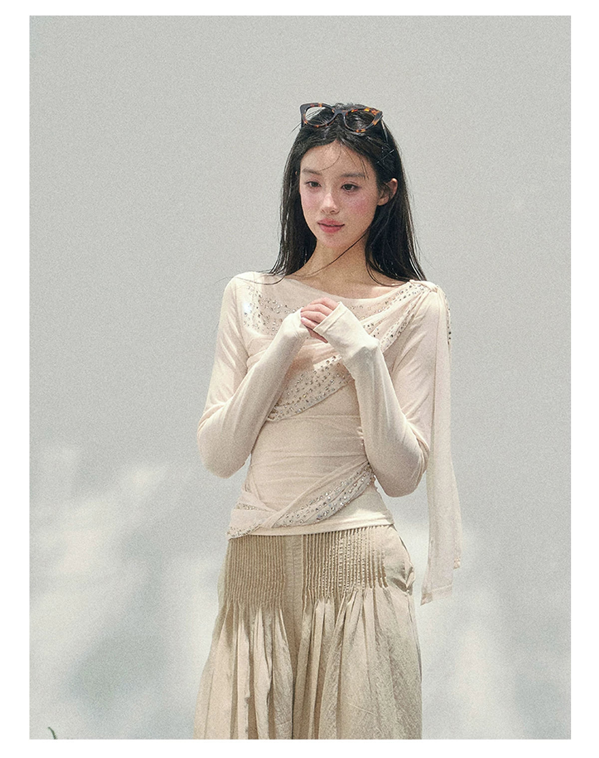 “Frosted Kiss” Milk Apricot Mesh Waist-Cinched Top