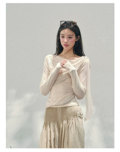 “Frosted Kiss” Milk Apricot Mesh Waist-Cinched Top