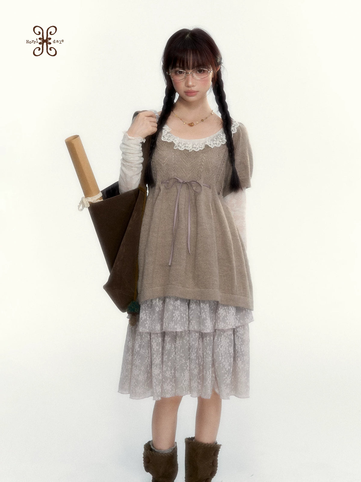“Cloud Pleats” Chestnut Mist U-Neck Bow-Tie Puff Sleeve Knit Sweater