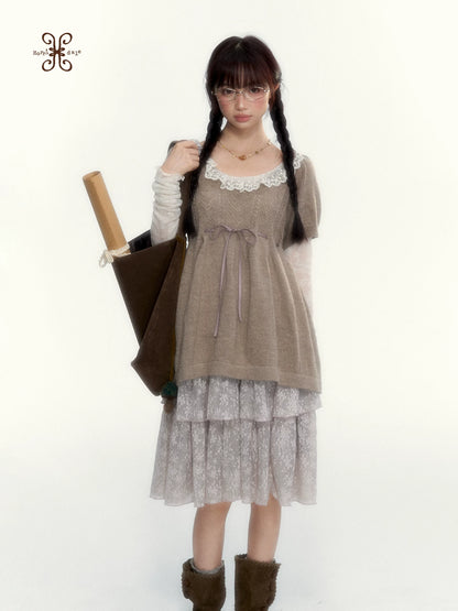“Cloud Pleats” Chestnut Mist U-Neck Bow-Tie Puff Sleeve Knit Sweater