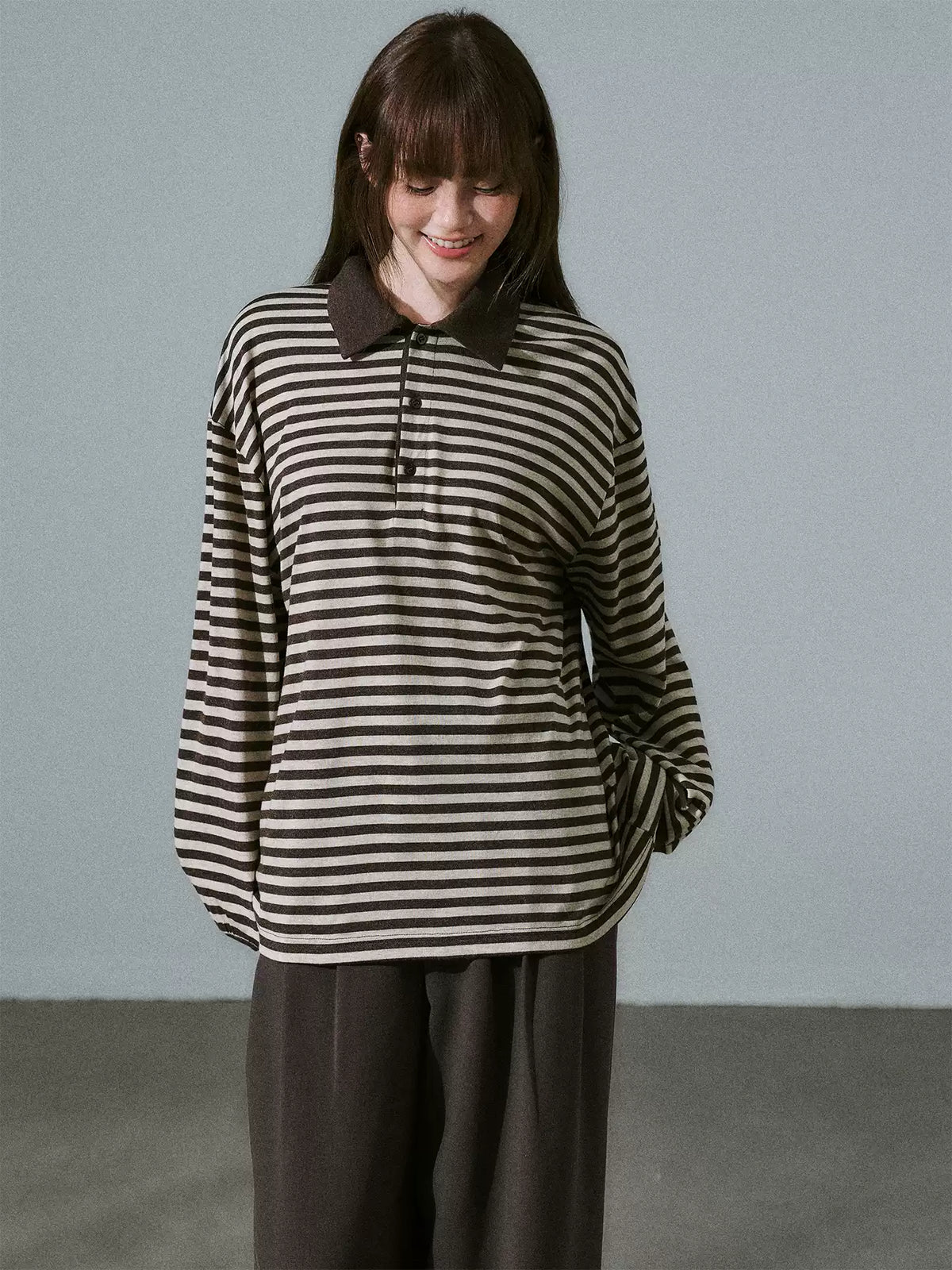 LOST FOREST - Brown Striped Polo Knit Top