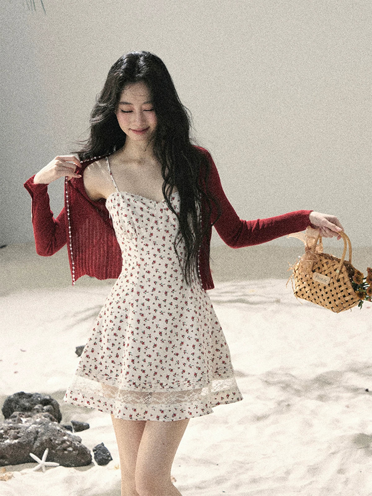 "Blooming Rose Reverie" Cloud White Floral Lace Mini Dress & Burgundy Wine Cardigan 56483