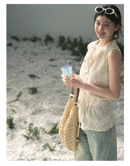 “Summer Breeze Kissing the Hem” Ivory Lace Layered Sleeveless Top