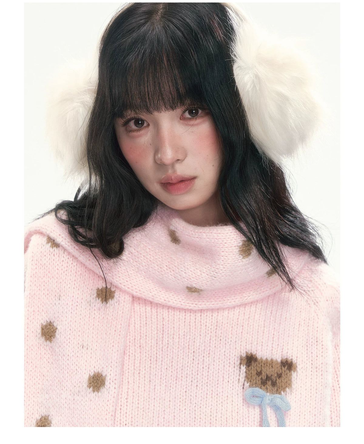 CAN - "The Little Bear Affair" Light Pink Teddy Bear Bow Jacquard Sweater