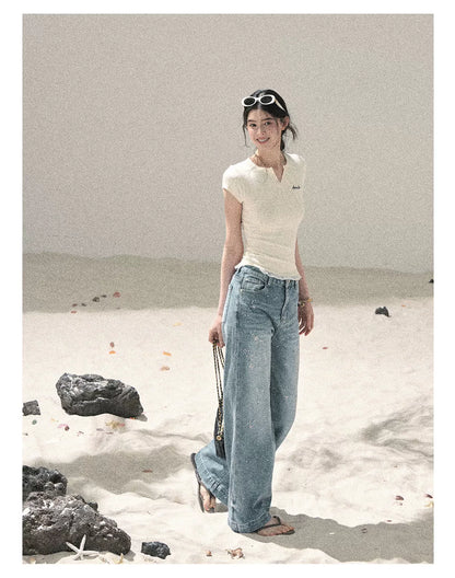 "Letter from the Tides" Cheese White Faux Two-Piece Lace Waist-Fit Crop Top 452436