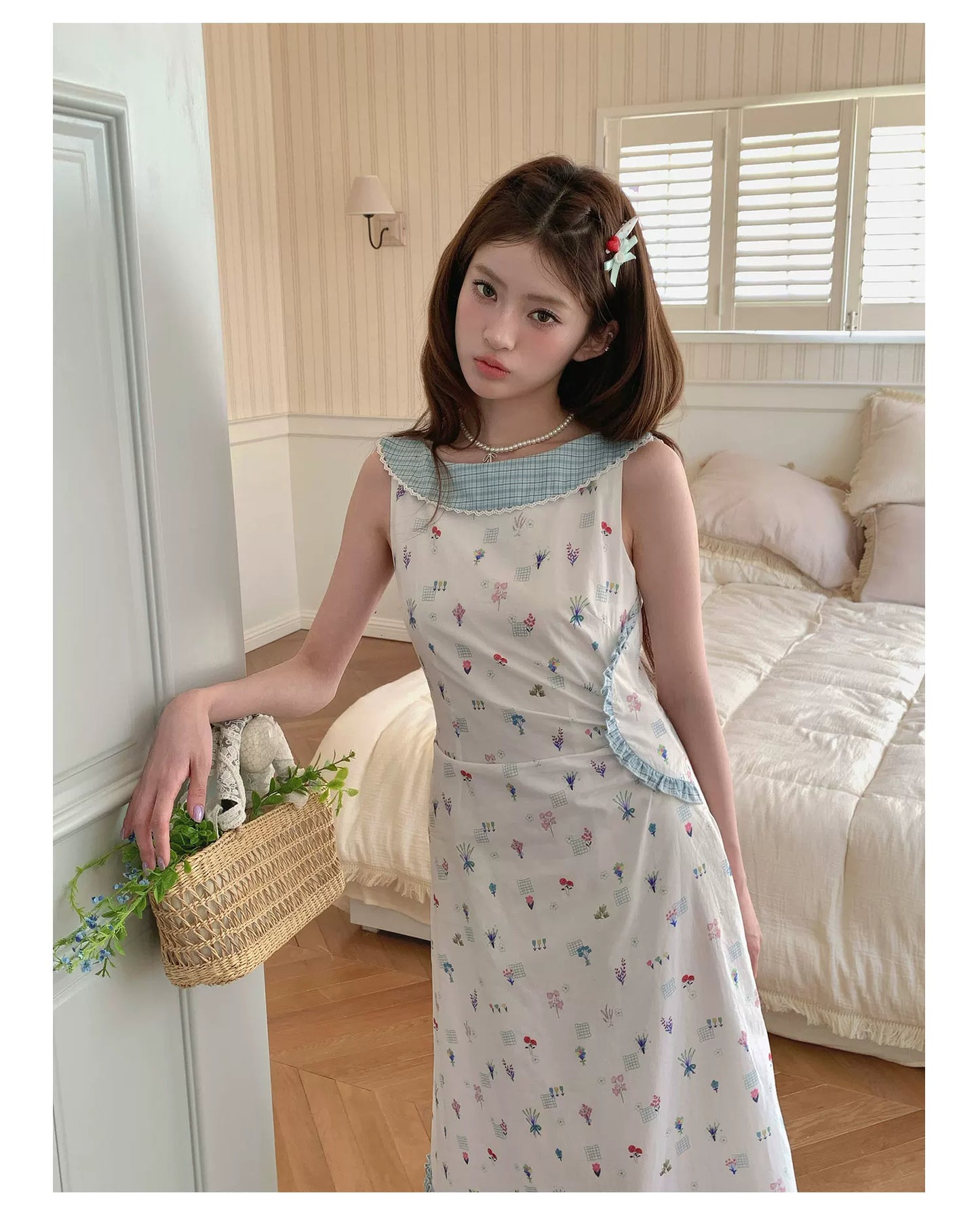 “Blue Meadow Letter” Misty Blue Floral Maxi Dress